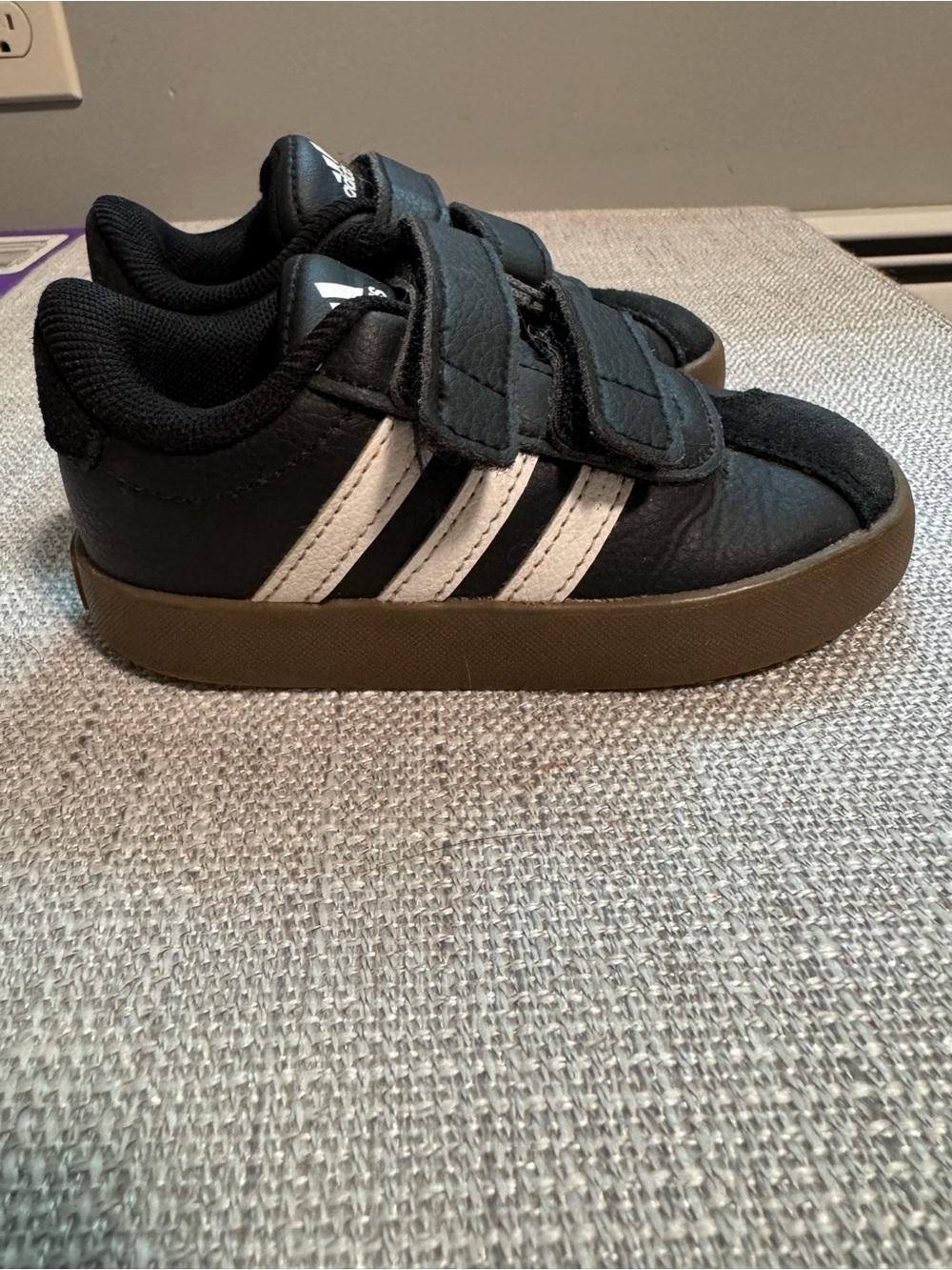 adidas Kids Black and White Velcro Sneakers with Brown Sole